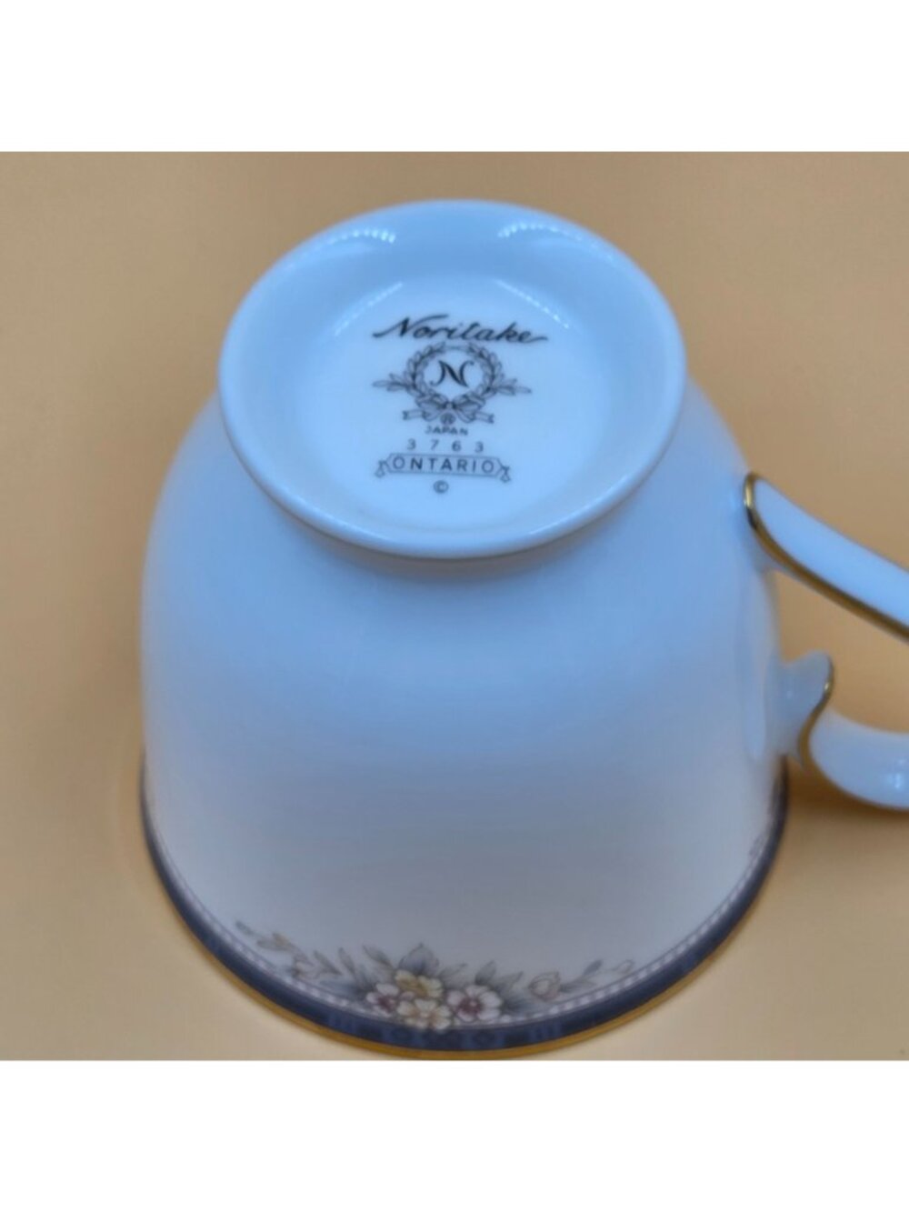 Noritake Ontario Set of 4 Footed Cup and Saucer Blue Gray Band White Pink Flower - Picture 14 of 16